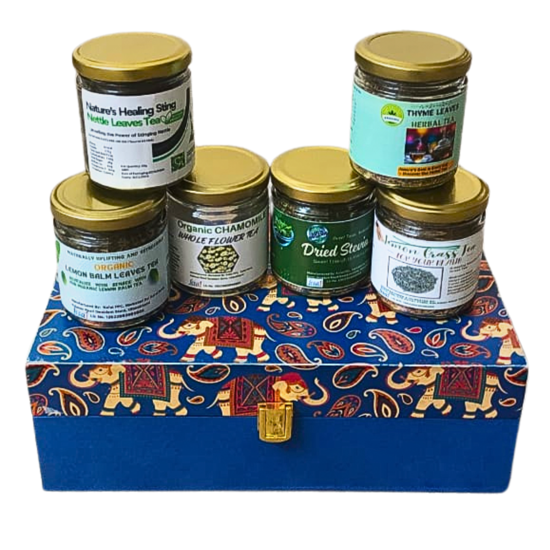Nourish your body and mind with nature's finest soothing power of Lemon Balm, Nettle, Thyme, Chamomile, Stevia and LemonGrass wellness box.