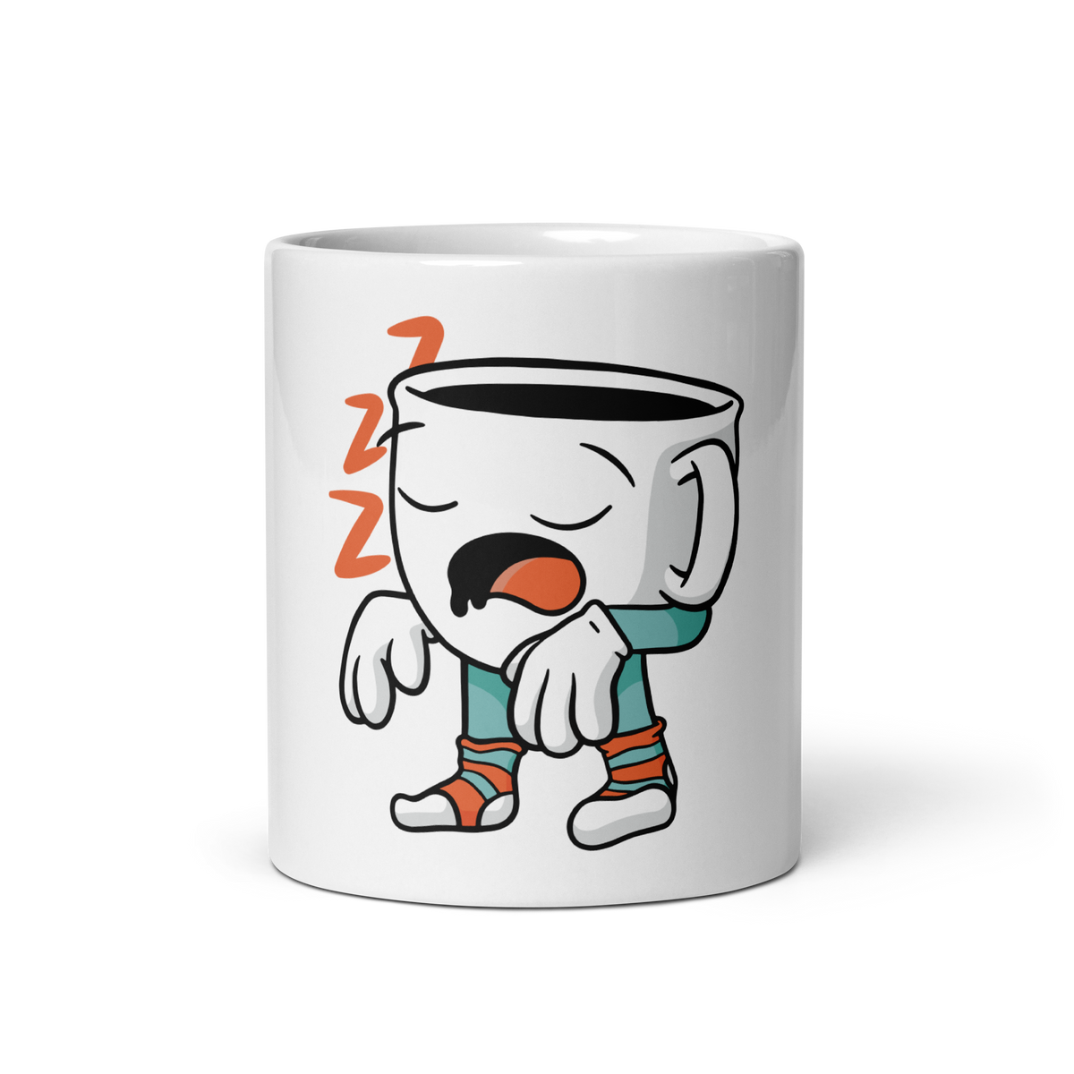 A white ceramic mug featuring a cartoon graphic of a sleeping coffee cup with orange 'Z' sleep marks, set against a plain white background.