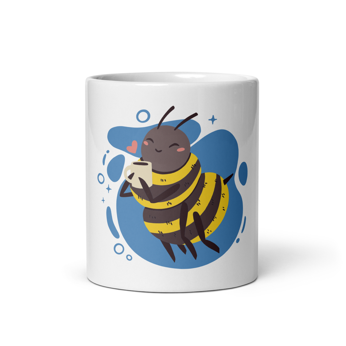 A white ceramic mug featuring a cute cartoon bee illustration with yellow and black stripes, holding a smartphone, set against a blue splash background with small heart and star details.
