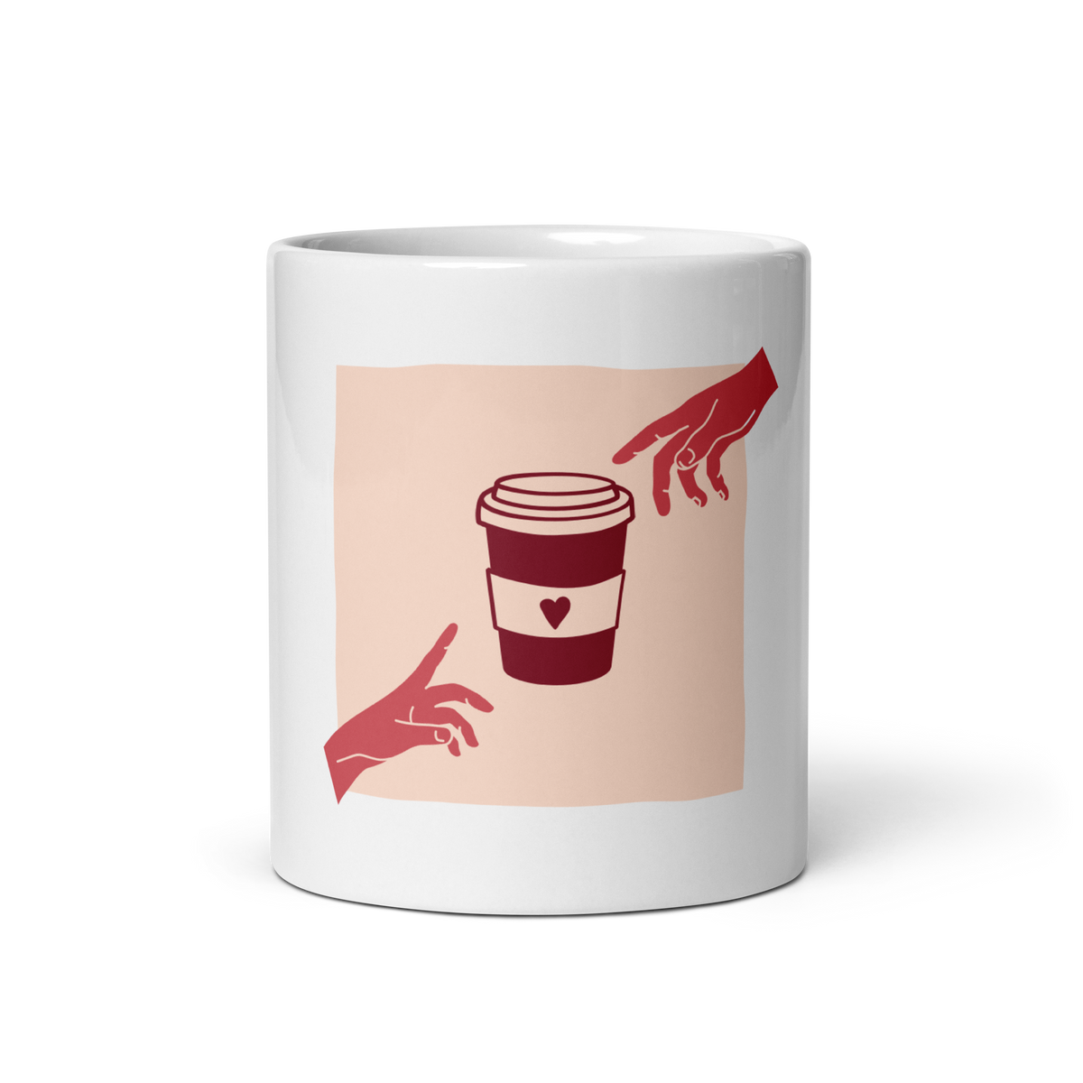 A white ceramic mug featuring a minimalist graphic print of a coffee cup between two red hands on a pale peach square background.