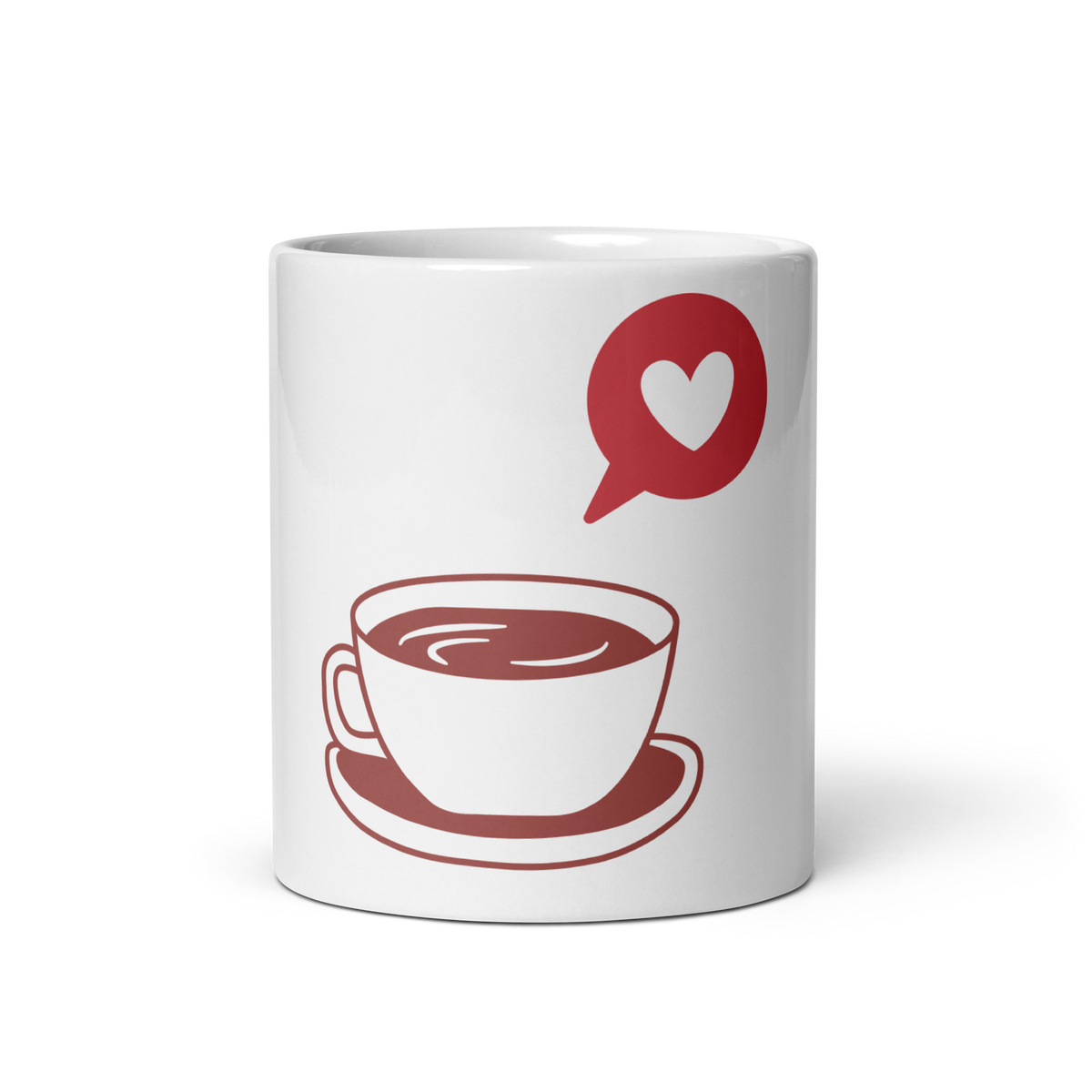 A white ceramic mug featuring a minimalist red graphic of a coffee cup on a saucer with a speech bubble heart above it, set against a clean white background.